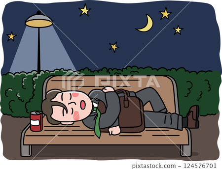 Illustration of a drunk businessman who drank too much and fell asleep on a park bench 124576701