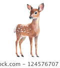 Young forest deer, fawn on white background. Watercolor bambi illustration. Wild young deer animal with white back spots. Perfect for winter and Christmas designs, greeting cards, holiday decorations 124576707