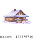 Watercolor illustration of a cozy wooden cabin covered in snow with glowing windows. Perfect for Christmas designs, greeting cards, holiday decorations. Hand drawn illustration on white background 124576710