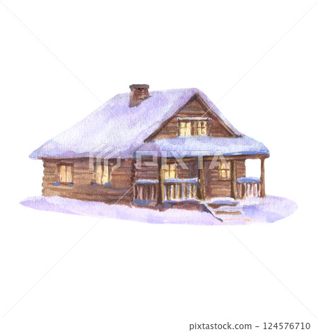 Watercolor illustration of a cozy wooden cabin covered in snow with glowing windows. Perfect for Christmas designs, greeting cards, holiday decorations. Hand drawn illustration on white background 124576710