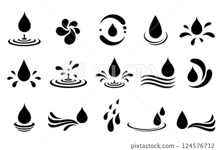 Water falling drops, droplets silhouettes, splash wave elements, moisture splatter 124576712