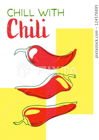 Three red chili peppers vintage poster design. Chill with chili art risography style 124576895