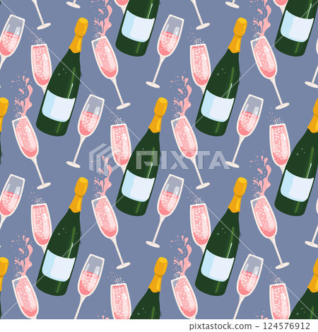 Seamless pattern with sparkling wine and glasses splashes and bubbles on a blue background. 124576912