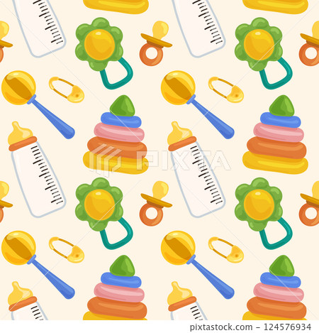Seamless pattern with baby toys in light background. Cute background for baby boy, girl shower party. Seamless pattern with baby toys in light background. Cute background for baby boy, girl shower party. 124576934