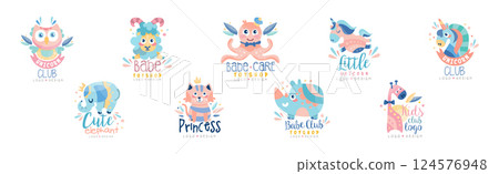 Baby Toy Shop Logo Design with Animal Vector Set 124576948