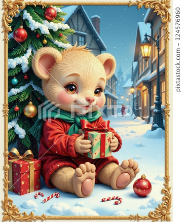 Adorable christmas bear with gifts in snowy village scene for holiday card design Adorable christmas bear with gifts in snowy village scene for holiday card design 124576960