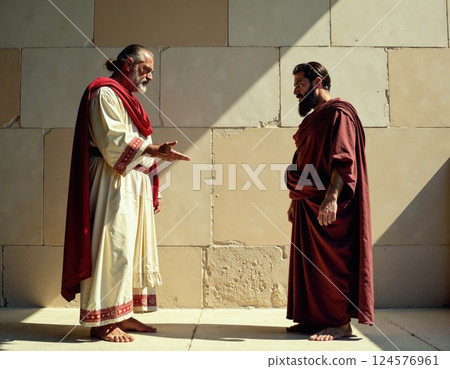 Ancient philosophers in deep discussion under sunlight shadow play Ancient philosophers in deep discussion under sunlight shadow play 124576961