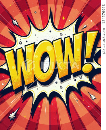 Bold comic style pop art explosion with vibrant "wow!" text graphic for eye-catching designs 124576968