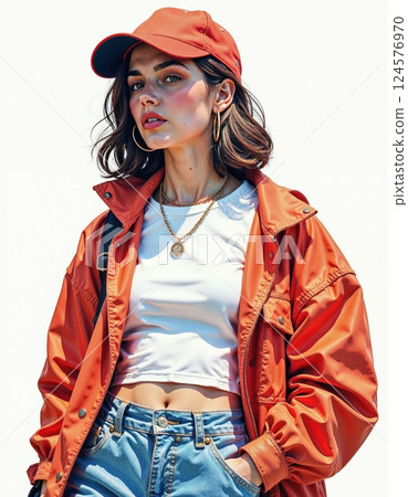Bold fashion statement: urban chic in vibrant orange and denim perfect for trendsetters 124576970