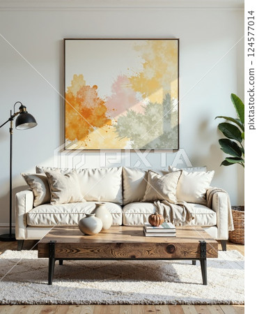 Cozy living room with abstract autumn art and rustic decor for modern interiors 124577014