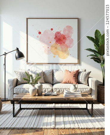 Cozy living room with modern art and sunlit decor inspiration for home design 124577015