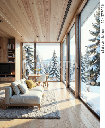 Cozy modern mountain retreat with panoramic snowy forest views and warm wooden interiors 124577016