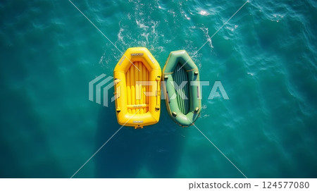 Yellow and green inflatable boats floating on blue water, top view. Aerial shot of two rafts drifting on the sea 124577080