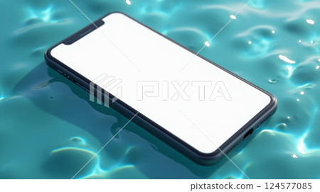 Smartphone with blank white screen floating on water surface. Mockup template for design and advertising Smartphone with blank white screen floating on water surface. Mockup template for design and advertising 124577085