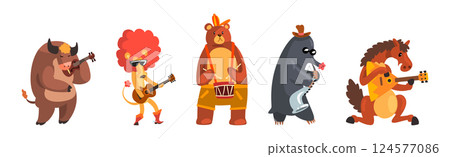 Funny Animal Character Playing Musical Instrument Performing Concert Vector Set Funny Animal Character Playing Musical Instrument Performing Concert Vector Set 124577086