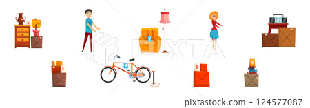 Garage Sale with Man and Woman Character Selling Stuff at Flea Market Vector Set Garage Sale with Man and Woman Character Selling Stuff at Flea Market Vector Set 124577087