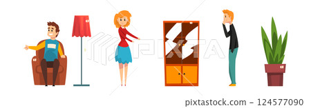 Garage Sale with Man and Woman Character Selling Stuff at Flea Market Vector Set Garage Sale with Man and Woman Character Selling Stuff at Flea Market Vector Set 124577090