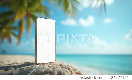 Smartphone with blank white screen standing on sandy beach with tropical background. Mockup for mobile app or website presentation, copy space 124577105