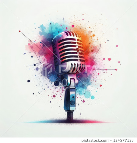 Retro microphone with colorful watercolor splashes on white background. Digital illustration for music, podcast, radio, and entertainment themes 124577153