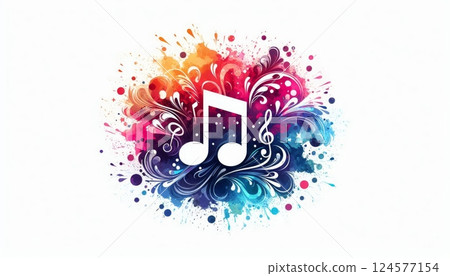 Music note with colorful watercolor splashes and decorative swirls on white background. Digital illustration for music, art, and creativity themes 124577154