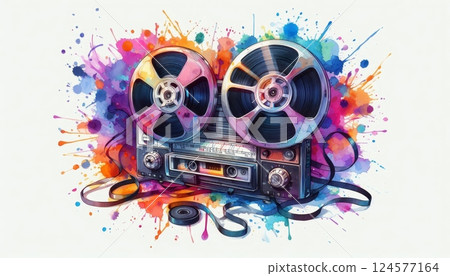 Retro reel-to-reel tape recorder with colorful watercolor splashes. Vintage audio equipment illustration for music, nostalgia, and recording design 124577164