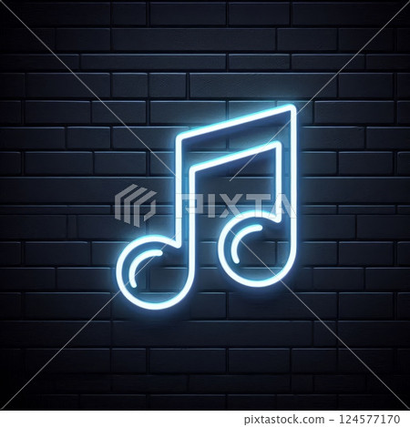 Neon blue music note sign glowing on dark brick wall background. Nightclub, audio, and music entertainment concept 124577170