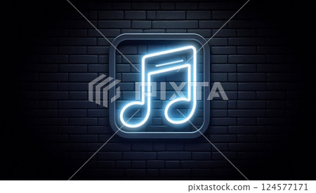 Glowing neon music note icon on dark brick wall background, futuristic digital sound and audio concept Glowing neon music note icon on dark brick wall background, futuristic digital sound and audio concept 124577171