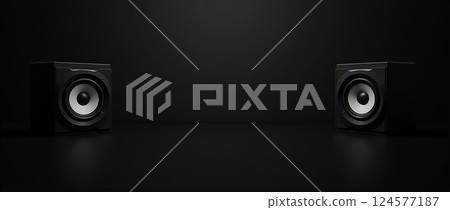 Two black audio speakers on dark background with copy space. Hi-fi sound system for music, home theater, studio, entertainment, sound design 124577187