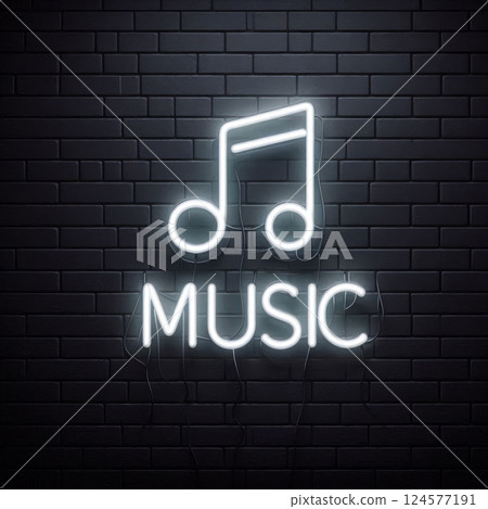 White neon sign with music note and music text on black brick wall background. Night club and music entertainment concept White neon sign with music note and music text on black brick wall background. Night club and music entertainment concept 124577191