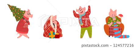 Funny Pig Character in Warm Clothing at Winter Holiday Vector Set Funny Pig Character in Warm Clothing at Winter Holiday Vector Set 124577216