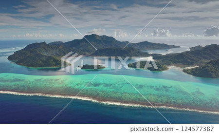 Breathtaking aerial view of Bora Bora island, showcasing the vibrant green coral reef, turquoise lagoon, and lush greenery under a cloudy sky, creating a mesmerizing tropical paradise scene Breathtaking aerial view of Bora Bora island, showcasing the vibrant green coral reef, turquoise lagoon, and lush greenery under a cloudy sky, creating a mesmerizing tropical paradise scene 124577387