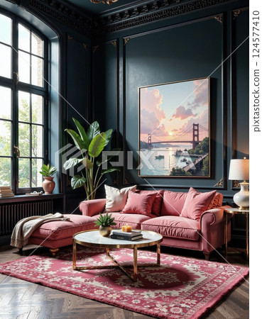 Elegant living space with coastal artwork and luxurious pink sofa ensemble 124577410