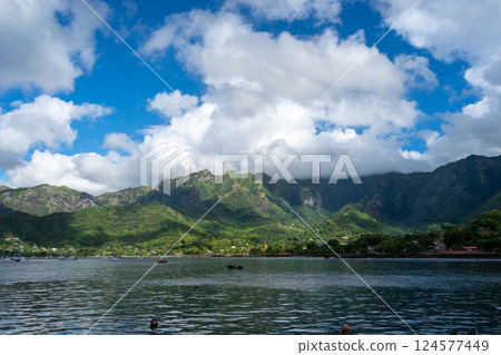 Taiohae Bay and town with anchored sailboats in Nuku Hiva, Marquesas Islands, French Polynesia 124577449
