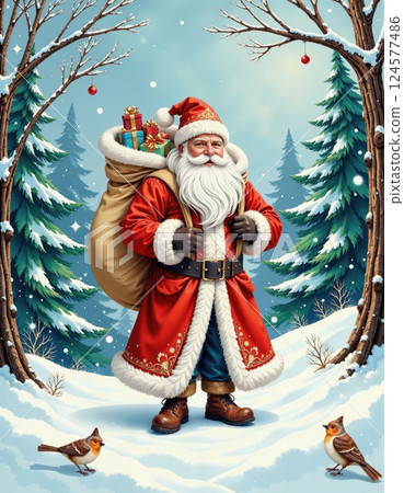Festive santa claus delivering gifts in snowy winter forest wonderland scene for holiday cheer 124577486