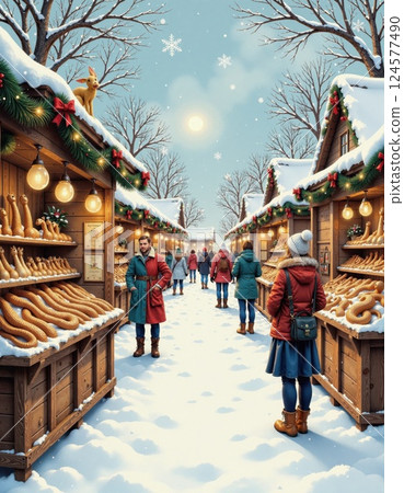 Festive winter market with snowy atmosphere and holiday decor 124577490