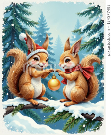 Festive woodland squirrels celebrating winter holiday with christmas ornament in snowy forest scene 124577492