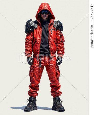 Futuristic red urban warrior outfit with edgy black accessories for fashion forward street style Futuristic red urban warrior outfit with edgy black accessories for fashion forward street style 124577512