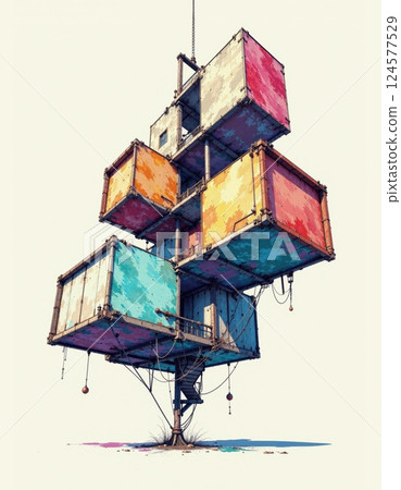 Industrial balance: colorful shipping container art installation on minimalist background 124577529