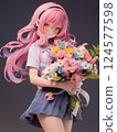 Figure image of a pink-haired girl holding a bouquet 124577598