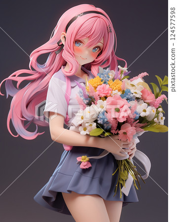 粉紅頭髮女孩手捧花束的形象圖 粉紅頭髮女孩手捧花束的形象圖 124577598