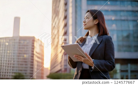 一名房地產女性站在公寓大樓前環顧大樓四周 124577667