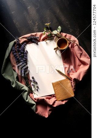 A flat lay composition featuring a blank paper, fresh lavender, a pen, a leather wallet, and a cup of tea, placed on soft fabric against a dark background, vertical view. 124577704