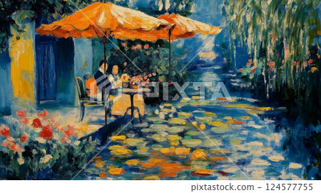 Couple enjoying a serene moment by the water with blooming flowers under an orange umbrella 124577755