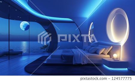 Cozy bedroom with stunning ocean view and moonlight illuminating the serene atmosphere at night 124577775