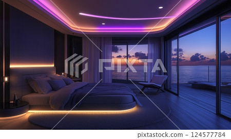 Cozy bedroom with stunning ocean view and moonlight illuminating the serene atmosphere at night 124577784