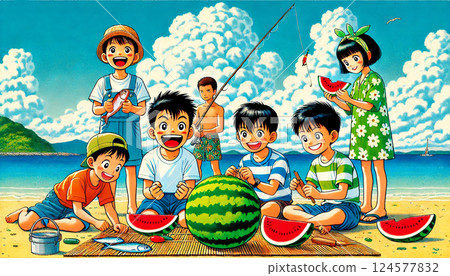 Illustration of kids splitting watermelon at the beach in summer 124577832