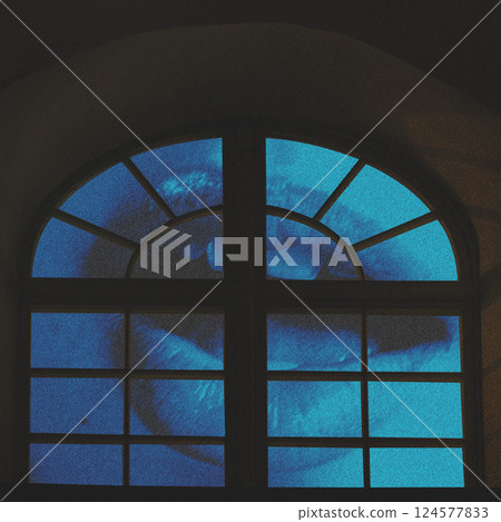 Abstract collage illustration of woman mouth and window 124577833