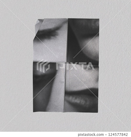 Abstract mosaic collage illustration of woman portrait on folded paper 124577842