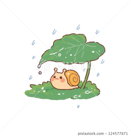 葉子上躲雨的蝸牛插圖，簡單，可愛，圖標，材料，無背景 124577871