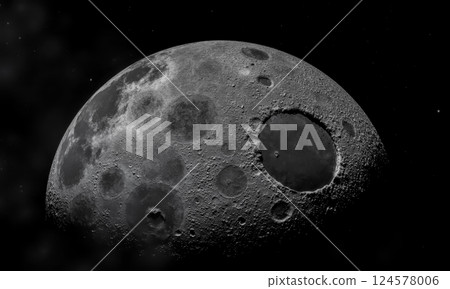 Distant planet with craters and rugged surface, celestial body in space, astronomical object, textured landscape, space exploration, science, cosmic information, alien world Distant planet with craters and rugged surface, celestial body in space, astronomical object, textured landscape, space exploration, science, cosmic information, alien world 124578006